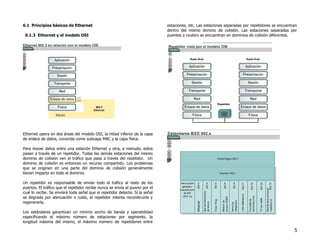 5
6.1 Principios básicos de Ethernet
6.1.3 Ethernet y el modelo OSI
Ethernet opera en dos áreas del modelo OSI, la mitad inferior de la capa
de enlace de datos, conocida como subcapa MAC y la capa física.
Para mover datos entre una estación Ethernet y otra, a menudo, estos
pasan a través de un repetidor. Todas las demás estaciones del mismo
dominio de colisión ven el tráfico que pasa a través del repetidor. Un
dominio de colisión es entonces un recurso compartido. Los problemas
que se originan en una parte del dominio de colisión generalmente
tienen impacto en todo el dominio.
Un repetidor es responsable de enviar todo el tráfico al resto de los
puertos. El tráfico que el repetidor recibe nunca se envía al puerto por el
cual lo recibe. Se enviará toda señal que el repetidor detecte. Si la señal
se degrada por atenuación o ruido, el repetidor intenta reconstruirla y
regenerarla.
Los estándares garantizan un mínimo ancho de banda y operabilidad
especificando el máximo número de estaciones por segmento, la
longitud máxima del mismo, el máximo número de repetidores entre
estaciones, etc. Las estaciones separadas por repetidores se encuentran
dentro del mismo domino de colisión. Las estaciones separadas por
puentes o routers se encuentran en dominios de colisión diferentes.
 