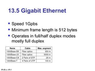 13.5 Gigabit Ethernet




McGraw-Hill

Speed 1Gpbs
Minimum frame length is 512 bytes
Operates in full/half duplex modes
mostly full duplex

 