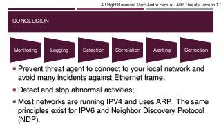 CONCLUSION
 Prevent threat agent to connect to your local network and
avoid many incidents against Ethernet frame;
 Detect and stop abnormal activities;
 Most networks are running IPV4 and uses ARP. The same
principles exist for IPV6 and Neighbor Discovery Protocol
(NDP).
Monitoring Logging Detection Correlation Alerting Correction
All Right Reserved Marc-Andre Heroux, ARP Threats, version 1.0
 