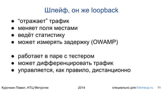 Курочкин Павел, НТЦ Метротек специально для linkmeup.ru2014
Шлейф, он же loopback
● “отражает” трафик
● меняет поля местами
● ведёт статистику
● может измерять задержку (OWAMP)
● работает в паре с тестером
● может дифференцировать трафик
● управляется, как правило, дистанционно
11
 