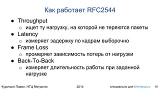 Курочкин Павел, НТЦ Метротек специально для linkmeup.ru2014
Как работает RFC2544
● Throughput
o ищет ту нагрузку, на которой не теряются пакеты
● Latency
o измеряет задержку по кадрам выборочно
● Frame Loss
o промеряет зависимость потерь от нагрузки
● Back-To-Back
o измеряет длительность работы при заданной
нагрузке
16
 