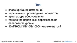 Курочкин Павел, НТЦ Метротек специально для linkmeup.ru2014
План
● классификация измерений
● первичные и производные параметры
● архитектура оборудования
● измерение первичных параметров на
аппаратном уровне
● 10M/100М/1G/10G/100G - что меняется?
3
 