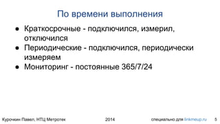 Курочкин Павел, НТЦ Метротек специально для linkmeup.ru2014
По времени выполнения
● Краткосрочные - подключился, измерил,
отключился
● Периодические - подключился, периодически
измеряем
● Мониторинг - постоянные 365/7/24
5
 