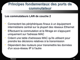 Principes fondamentaux des ports dePrincipes fondamentaux des ports de
commutateurcommutateur
Les commutateurs LAN de couche 2
 Connectent les périphériques finaux à un équipement
intermédiaire central sur la plupart des réseaux Ethernet
 Effectuent la commutation et le filtrage en s'appuyant
uniquement sur l'adresse MAC
 Créent une table d'adresses MAC qu'ils utilisent pour
prendre les décisions relatives à la transmission
 Dépendent des routeurs pour transmettre les données
d'un sous-réseau IP à l'autre
Réseaux 2121
 