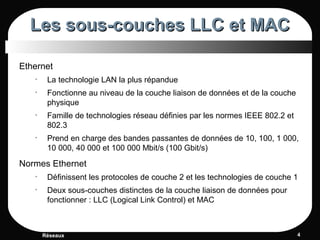 Les sous-couches LLC et MACLes sous-couches LLC et MAC
Ethernet
• La technologie LAN la plus répandue
• Fonctionne au niveau de la couche liaison de données et de la couche
physique
• Famille de technologies réseau définies par les normes IEEE 802.2 et
802.3
• Prend en charge des bandes passantes de données de 10, 100, 1 000,
10 000, 40 000 et 100 000 Mbit/s (100 Gbit/s)
Normes Ethernet
• Définissent les protocoles de couche 2 et les technologies de couche 1
• Deux sous-couches distinctes de la couche liaison de données pour
fonctionner : LLC (Logical Link Control) et MAC
Réseaux 44
 