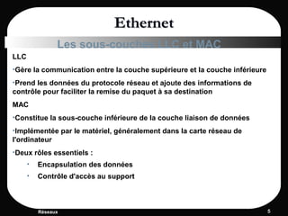 Réseaux 55
EthernetEthernet
LLC
•Gère la communication entre la couche supérieure et la couche inférieure
•Prend les données du protocole réseau et ajoute des informations de
contrôle pour faciliter la remise du paquet à sa destination
MAC
•Constitue la sous-couche inférieure de la couche liaison de données
•Implémentée par le matériel, généralement dans la carte réseau de
l'ordinateur
•Deux rôles essentiels :
• Encapsulation des données
• Contrôle d'accès au support
Les sous-couches LLC et MAC
 