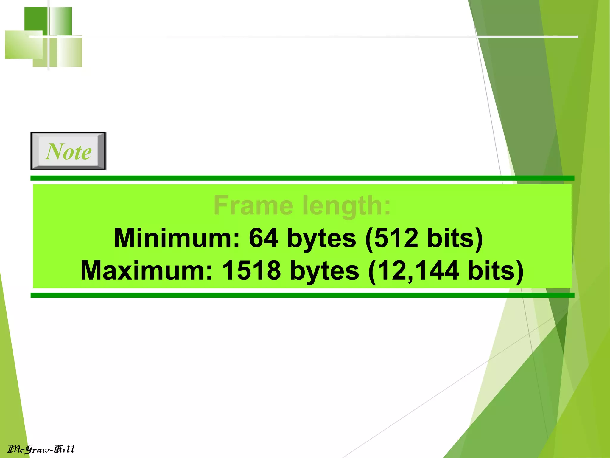 McGraw-Hill
Frame length:
Minimum: 64 bytes (512 bits)
Maximum: 1518 bytes (12,144 bits)
Note
 