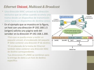 Ethernet Unicast,Multicast&Broadcast
• Una dirección MAC unicast es la dirección
exclusiva que se utiliza cuando se envía una
trama desde un dispositivo de transmisión
único hacia un dispositivo de destino único.
• En el ejemplo que se muestra en la figura,
un host con una dirección IP 192.168.1.5
(origen) solicita una página web del
servidor en la dirección IP 192.168.1.200.
•Para que se pueda enviar y recibir un
paquete unicast, el encabezado del paquete
IP debe contener una dirección IP de destino.
•El encabezado de la trama de Ethernet
también debe contener una dirección MAC
de destino correspondiente.
•Las direcciones IP y MAC se combinan para
la entrega de datos a un host de destino
específico.
 