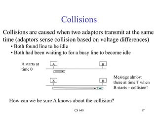 CS 640 17
Collisions
A B
A B
Collisions are caused when two adaptors transmit at the same
time (adaptors sense collision based on voltage differences)
• Both found line to be idle
• Both had been waiting to for a busy line to become idle
A starts at
time 0
Message almost
there at time T when
B starts – collision!
How can we be sure A knows about the collision?
 