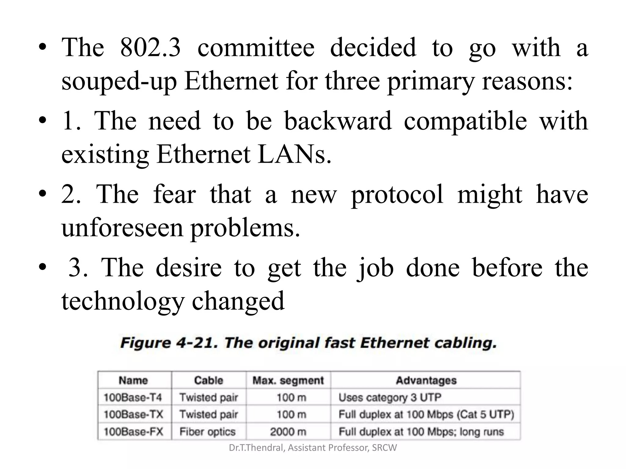 • The 802.3 committee decided to go with a
souped-up Ethernet for three primary reasons:
• 1. The need to be backward compatible with
existing Ethernet LANs.
• 2. The fear that a new protocol might have
unforeseen problems.
• 3. The desire to get the job done before the
technology changed
Dr.T.Thendral, Assistant Professor, SRCW
 