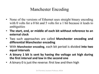 Manchester Encoding
• None of the versions of Ethernet uses straight binary encoding
with 0 volts for a 0 bit and 5 volts for a 1 bit because it leads to
ambiguities
• The start, end, or middle of each bit without reference to an
external clock
• Two such approaches are called Manchester encoding and
differential Manchester encoding
• With Manchester encoding, each bit period is divided into two
equal intervals
• A binary 1 bit is sent by having the voltage set high during
the first interval and low in the second one
• A binary 0 is just the reverse: first low and then high
Dr.T.Thendral, Assistant Professor, SRCW
 