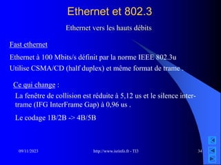 http://www.isrinfo.fr - TI3
09/11/2023 34
Ethernet et 802.3
Ethernet vers les hauts débits
Fast ethernet
Ethernet à 100 Mbits/s définit par la norme IEEE 802.3u
Utilise CSMA/CD (half duplex) et même format de trame .
Ce qui change :
La fenêtre de collision est réduite à 5,12 us et le silence inter-
trame (IFG InterFrame Gap) à 0,96 us .
Le codage 1B/2B -> 4B/5B
 