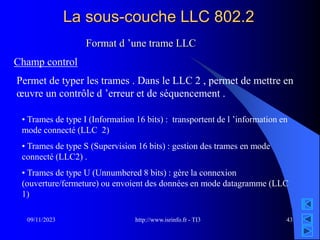 http://www.isrinfo.fr - TI3
09/11/2023 43
La sous-couche LLC 802.2
Format d ’une trame LLC
Champ control
Permet de typer les trames . Dans le LLC 2 , permet de mettre en
œuvre un contrôle d ’erreur et de séquencement .
• Trames de type I (Information 16 bits) : transportent de l ’information en
mode connecté (LLC 2)
• Trames de type S (Supervision 16 bits) : gestion des trames en mode
connecté (LLC2) .
• Trames de type U (Unnumbered 8 bits) : gère la connexion
(ouverture/fermeture) ou envoient des données en mode datagramme (LLC
1)
 