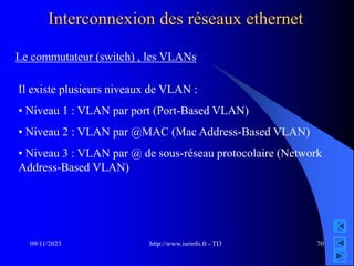 http://www.isrinfo.fr - TI3
09/11/2023 70
Interconnexion des réseaux ethernet
Le commutateur (switch) , les VLANs
Il existe plusieurs niveaux de VLAN :
• Niveau 1 : VLAN par port (Port-Based VLAN)
• Niveau 2 : VLAN par @MAC (Mac Address-Based VLAN)
• Niveau 3 : VLAN par @ de sous-réseau protocolaire (Network
Address-Based VLAN)
 