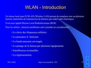 http://www.isrinfo.fr - TI3
09/11/2023 72
WLAN - Introduction
Un réseau local sans fil WLAN (Wireless LAN) permet de remplacer une ou plusieurs
liaisons matérielles de transmission de données par ondes radio-électriques.
Il est aussi appelé Réseau Local Radioélectrique (RLR)
Pour les utiliser , plusieurs problèmes sont à prendre en considération :
• Le choix des fréquences utilisées
• La puissance d ’émission
• La bande passante envisagée
• Le partage de la liaison par plusieurs équipements
• Interférences éventuelles
• La réglementation
 