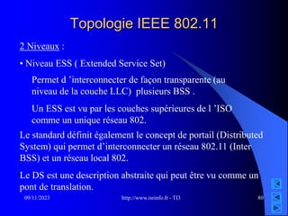 http://www.isrinfo.fr - TI3
09/11/2023 80
Topologie IEEE 802.11
2 Niveaux :
• Niveau ESS ( Extended Service Set)
Permet d ’interconnecter de façon transparente (au
niveau de la couche LLC) plusieurs BSS .
Un ESS est vu par les couches supérieures de l ’ISO
comme un unique réseau 802.
Le standard définit également le concept de portail (Distributed
System) qui permet d’interconnecter un réseau 802.11 (Inter
BSS) et un réseau local 802.
Le DS est une description abstraite qui peut être vu comme un
pont de translation.
 
