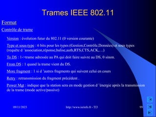 http://www.isrinfo.fr - TI3
09/11/2023 99
Trames IEEE 802.11
Format
Contrôle de trame
Version : évolution futur du 802.11 (0 version courante)
Type et sous-type : 6 bits pour les types (Gestion,Contrôle,Données) et sous types
(requête d ’association,réponse,balise,auth,RTS,CTS,ACK,…)
To DS : 1->trame adressée au PA qui doit faire suivre au DS, 0 sinon.
From DS : 1 quand la trame vient du DS.
More fragment : 1 si d ’autres fragments qui suivent celui en cours
Retry : retransmission du fragment précédent .
Power Mgt : indique que la station sera en mode gestion d ’énergie après la transmission
de la trame (mode active/passive)
 