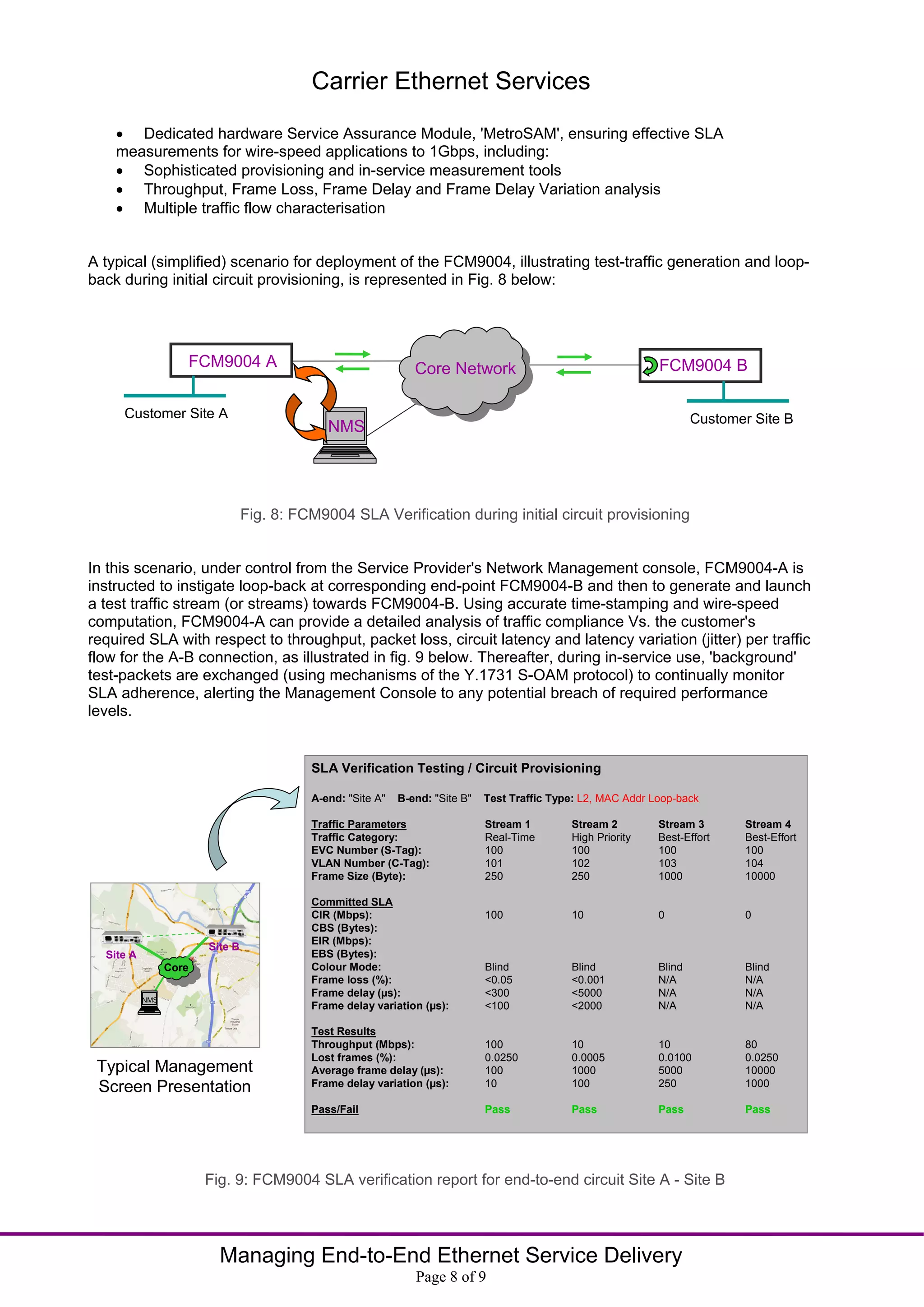 Carrier Ethernet Services
     Dedicated hardware Service Assurance Module, 'MetroSAM', ensuring effective SLA
    measurements for wire-speed applications to 1Gbps, including:
     Sophisticated provisioning and in-service measurement tools
     Throughput, Frame Loss, Frame Delay and Frame Delay Variation analysis
     Multiple traffic flow characterisation


A typical (simplified) scenario for deployment of the FCM9004, illustrating test-traffic generation and loop-
back during initial circuit provisioning, is represented in Fig. 8 below:




                    FCM9004 A                                   Core Network                                    FCM9004 B

     Customer Site A                                                                                                    Customer Site B
                                              NMS




                                 Fig. 8: FCM9004 SLA Verification during initial circuit provisioning


In this scenario, under control from the Service Provider's Network Management console, FCM9004-A is
instructed to instigate loop-back at corresponding end-point FCM9004-B and then to generate and launch
a test traffic stream (or streams) towards FCM9004-B. Using accurate time-stamping and wire-speed
computation, FCM9004-A can provide a detailed analysis of traffic compliance Vs. the customer's
required SLA with respect to throughput, packet loss, circuit latency and latency variation (jitter) per traffic
flow for the A-B connection, as illustrated in fig. 9 below. Thereafter, during in-service use, 'background'
test-packets are exchanged (using mechanisms of the Y.1731 S-OAM protocol) to continually monitor
SLA adherence, alerting the Management Console to any potential breach of required performance
levels.


                                           SLA Verification Testing / Circuit Provisioning

                                           A-end: "Site A"   B-end: "Site B"   Test Traffic Type: L2, MAC Addr Loop-back

                                           Traffic Parameters                  Stream 1        Stream 2         Stream 3        Stream 4
                                           Traffic Category:                   Real-Time       High Priority    Best-Effort     Best-Effort
                                           EVC Number (S-Tag):                 100             100              100             100
                                           VLAN Number (C-Tag):                101             102              103             104
                                           Frame Size (Byte):                  250             250              1000            10000

                                           Committed SLA
                                           CIR (Mbps):                         100             10               0               0
                                           CBS (Bytes):
                                           EIR (Mbps):
                        Site B
  Site A                                   EBS (Bytes):
                 Core                      Colour Mode:                        Blind           Blind            Blind           Blind
                                           Frame loss (%):                     <0.05           <0.001           N/A             N/A
                                           Frame delay (µs):                   <300            <5000            N/A             N/A
           NMS
                                           Frame delay variation (µs):         <100            <2000            N/A             N/A

                                           Test Results
                                           Throughput (Mbps):                  100             10               10              80
                                           Lost frames (%):                    0.0250          0.0005           0.0100          0.0250
 Typical Management                        Average frame delay (µs):           100             1000             5000            10000
 Screen Presentation                       Frame delay variation (µs):         10              100              250             1000

                                           Pass/Fail                           Pass            Pass             Pass            Pass




                        Fig. 9: FCM9004 SLA verification report for end-to-end circuit Site A - Site B




                          Managing End-to-End Ethernet Service Delivery
                                                                Page 8 of 9
 