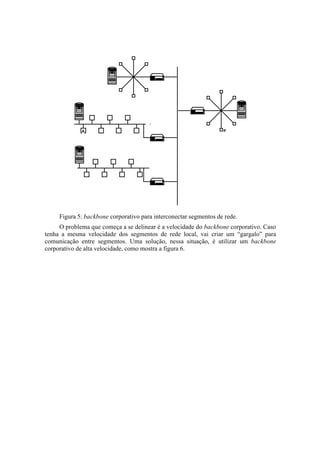 A                                                     P




     Figura 5: backbone corporativo para interconectar segmentos de rede.
     O problema que começa a se delinear é a velocidade do backbone corporativo. Caso
tenha a mesma velocidade dos segmentos de rede local, vai criar um “gargalo” para
comunicação entre segmentos. Uma solução, nessa situação, é utilizar um backbone
corporativo de alta velocidade, como mostra a figura 6.
 
