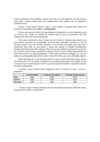 switches permitem criar caminhos virtuais entre dois ou mais segmentos de rede de uma
forma ágil e rápida. Além disso, são equipamentos mais simples que os roteadores,
custando menos.
     Assim, os dois pontos básicos onde o switch supera o roteador para formar um
backbone concentrado são o custo e o desempenho.
     Porém, para acesso a redes de longa distância é obrigatório o uso de roteadores, pois
os switches, em virtude da camada do modelo OSI em que se encontram, não tem
condições de fazer esse tipo de tratamento.
      Uma outra característica dos switches são os broadcasts. Quando uma estação com
boot remoto necessita ser inicializada, ela envia uma mensagem broadcast a fim de
descobrir quem vai ser seu servidor. Quando o switch recebe um quadro desse tipo, ele o
retransmite para todas as suas portas, e assim esse quadro se espalha (normalmente
desnecessariamente) por toda a empresa. Duas coisas ruins podem acontecer no caso acima:
a) o servidor errado assume controle da máquina cliente; b) gera tráfego desnecessário na
rede. Para resolver esse tipo de problema, e ainda oferecer diversas vantagens, os switches
podem ser configurados para utilizar redes virtuais (VLANs), que serão analisadas adiante.
     Outra limitação do switch em redes maiores é para conectar diferentes redes virtuais
(VLANs) entre si. É necessário a inclusão de um roteador para fazer essa trabalho. É por
esse motivo que existem alguns switches que fazem papel de roteador, mantendo tudo em
um único equipamento.
      A tabela a seguir mostra uma comparação entre as funções de hubs, switches e
roteadores.
               Conectividade         Controle de colisões       Controle de Broadcasts
Hub                SIM                     NÃO                           NÃO
Switch             SIM                      SIM                          NÃO
Roteador           SIM                      SIM                          SIM

     A figura a seguir mostra a utilização de um switch para interconectar diferentes redes,
formando um backbone centralizado.
 