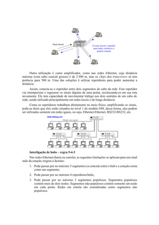 Sinal inicial      HUB          O sinal inicial é repetido
                                                         para todos, inclusive a
                                                            própria estação




      Outra utilização é como amplificador, como nas redes Ethernet, cuja distância
máxima (com cabo coaxial grosso) é de 2.500 m, mas os chips dos tranceivers só tem
potência para 500 m. Uma das soluções é utilizar repetidores para poder aumentar a
distância.
      Assim, conecta-se o repetidor entre dois segmentos de cabo da rede. Este repetidor
vai retemporizar e regenerar os sinais digitais de uma ponta, recolocando-os em sua rota
novamente. Ele tem capacidade de movimentar tráfego nos dois sentidos de um cabo de
rede, sendo utilizado principalmente em redes locais e de longa distância.
      Como os repetidores trabalham diretamente no meio físico, amplificando os sinais,
pode-se dizer que eles estão situados no nível 1 do modelo OSI, dessa forma, eles podem
ser utilizados somente em redes iguais, ou seja, Ethernet-Ethernet, RS232-RS232, etc.




     Interligação de hubs – regra 5-4-3
      Nas redes Ethernet (barra ou estrela), as seguintes limitações se aplicam para um sinal
indo da estação origem à destino:
     1. Pode passar por no máximo 5 segmentos (a conexão entre o hub e a estação conta
        como um segmento;
     2. Pode passar por no máximo 4 repetidores/hubs;
     3. Pode passar por no máximo 3 segmentos populosos. Segmentos populosos
        contém mais de dois nodos. Segmentos não populosos contém somente um nodo
        em cada ponta. Redes em estrela são consideradas como segmentos não
        populosos.
 