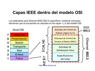 Capas IEEE dentro del modelo OSI 
http://www.arcesio.net 
Nivel OSI 
Aplicación 
Presentación 
Sesión 
Transporte 
Red 
Enlace 
Física 
7 
6 
5 
4 
3 
2 
1 
ACI SÍ F ECALNE 
Subcapa de Control de 
Enlace Lógico (LLC) 
Subcapa de Control de 
Acceso al Medio (MAC) 
Subcapas de 
Señalización física 
Especificaciones 
del medio 
IEEE 
802.2 
Ethernet 802.3 
Los estándares para Ethernet (IEEE 802.3) especifican -mediante subcapas-elementos 
que se encuentran en ubicados en las capas 1 y 2 del modelo OSI 
 