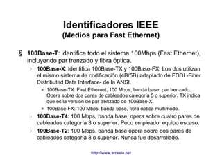 Identificadores IEEE 
(Medios para Fast Ethernet) 
§ 100Base-T: identifica todo el sistema 100Mbps (Fast Ethernet), 
incluyendo par trenzado y fibra óptica. 
› 100Base-X: Identifica 100Base-TX y 100Base-FX. Los dos utilizan 
el mismo sistema de codificación (4B/5B) adaptado de FDDI -Fiber 
Distributed Data Interface- de la ANSI. 
» 100Base-TX: Fast Ethernet, 100 Mbps, banda base, par trenzado. 
Opera sobre dos pares de cableados categoría 5 o superior. TX indica 
que es la versión de par trenzado de 100Base-X. 
» 100Base-FX: 100 Mbps, banda base, fibra óptica multimodo. 
› 100Base-T4: 100 Mbps, banda base, opera sobre cuatro pares de 
cableados categoría 3 o superior. Poco empleado, equipo escaso. 
› 100Base-T2: 100 Mbps, banda base opera sobre dos pares de 
cableados categoría 3 o superior. Nunca fue desarrollado. 
http://www.arcesio.net 
 
