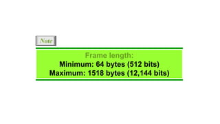 Frame length:
Minimum: 64 bytes (512 bits)
Maximum: 1518 bytes (12,144 bits)
Note
 