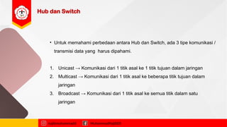 Hub dan Switch
najibmuhammadd MuhammadNajibDS
• Untuk memahami perbedaan antara Hub dan Switch, ada 3 tipe komunikasi /
transmisi data yang harus dipahami.
1. Unicast → Komunikasi dari 1 titik asal ke 1 titik tujuan dalam jaringan
2. Multicast → Komunikasi dari 1 titik asal ke beberapa titik tujuan dalam
jaringan
3. Broadcast → Komunikasi dari 1 titik asal ke semua titik dalam satu
jaringan
 