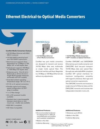 COMMUNICATION NETWORKS | WWW.COMNET.NET




Ethernet Electrical-to-Optical Media Converters




                                        CNFE100(X) Series                           CNFE2MC(-M) and CNFE22MC




ComNet Media Converters feature:
• 10/100 Mbps Ethernet with MDI/
  MDI-X crossover
                                        • 10/100 Mbps Ethernet                      • 10/100 Mbps Media Converters
• 10/100/1000TX electrical port           2 Port Media Converters                   • SFP* modules as Optical Interfaces
  and 100/1000FX optical port
• Electrical port supports Auto-        ComNet two port media converters            ComNet CNFE2MC and CNFE2MCM
  Negotiation for 10 Mbps or 100        are designed to transmit and receive        Ethernet two-port media converter and
  Mbps, full or half duplex data
                                        10/100 Mbps data over multimode             CNFE22MC dual two-port transport
• Optical port supports 100 Mbps
  or 1000 Mbps full duplex data         or single mode optical fiber. The           10/100 Mbps data over optical fiber

• Distances up to: 3 km (2 mi) in       electrical interface will Auto-Negotiate    through user selectable MSA-compliant
  Multimode or 20 km (12 mi) in         to a 10 Mbps or 100 Mbps Ethernet rate      ComNet SFP optical interfaces for
  Single Mode (greater distances        without any adjustments.                    maximum        configuration   versatility
  achievable with SFP models)
                                                                                    with regard to distance, fiber type and
• Extended ambient operating
  temperature range: -40˚ C to +75˚ C                                               optical connector requirements.

• ST, SC or LC optical connectors                                                   The CNFE2MC transmits and receives a

• Flexible optical and copper-                                                      single channel of Ethernet data and the
  based configuration via SFP*                                                      CNFE22MC transmits and receives two
  plug-in modules
                                                                                    independent channels in one unit.
• 1 or 2 fiber design
• AC or DC powered models
  available
• Standard size is interchangeable
  between stand-alone or rack
  mount use – smaller size available
• IEEE 802.3 compliant
• HD Video Compatible
                                        Additional Features                         Additional Features
                                        • Environmentally hardened                  • Distances up to 80 km
                                          for deployment in difficult
                                                                                    • Made in the USA
                                          unconditioned out-of-plant
                                          and roadside installations                • Lifetime Warranty
AGENCY COMPLIANCE
                                        • Made in the USA
                                        • Lifetime Warranty
                                                              * Requires purchase of SFP modules
10                                                              (sold separately). See Page 17.
 