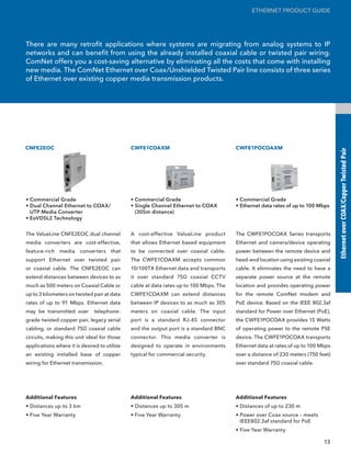ETHERNET PRODUCT GUIDE




There are many retrofit applications where systems are migrating from analog systems to IP
networks and can benefit from using the already installed coaxial cable or twisted pair wiring.
ComNet offers you a cost-saving alternative by eliminating all the costs that come with installing
new media. The ComNet Ethernet over Coax/Unshielded Twisted Pair line consists of three series
of Ethernet over existing copper media transmission products.




CNFE2EOC                                      CWFE1COAXM                                CWFE1POCOAXM




                                                                                                                                   Ethernet over COAX/Copper Twisted Pair
• Commercial Grade                            • Commercial Grade                        • Commercial Grade
• Dual Channel Ethernet to COAX/              • Single Channel Ethernet to COAX         • Ethernet data rates of up to 100 Mbps
  UTP Media Converter                           (305m distance)
• EoVDSL2 Technology


The ValueLine CNFE2EOC dual channel           A cost-effective ValueLine product        The CWFE1POCOAX Series transports
media converters are cost-effective,          that allows Ethernet based equipment      Ethernet and camera/device operating
feature-rich media converters that            to be connected over coaxial cable.       power between the remote device and
support Ethernet over twisted pair            The CWFE1COAXM accepts common             head-end location using existing coaxial
or coaxial cable. The CNFE2EOC can            10/100TX Ethernet data and transports     cable. It eliminates the need to have a
extend distances between devices to as        it over standard 75Ω coaxial CCTV         separate power source at the remote
much as 500 meters on Coaxial Cable or        cable at data rates up to 100 Mbps. The   location and provides operating power
up to 3 kilometers on twisted pair at data    CWFE1COAXM can extend distances           for the remote ComNet modem and
rates of up to 91 Mbps. Ethernet data         between IP devices to as much as 305      PoE device. Based on the IEEE 802.3af
may be transmitted over        telephone-     meters on coaxial cable. The input        standard for Power over Ethernet (PoE),
grade twisted copper pair, legacy serial      port is a standard RJ-45 connector        the CWFE1POCOAX provides 15 Watts
cabling, or standard 75Ω coaxial cable        and the output port is a standard BNC     of operating power to the remote PSE
circuits, making this unit ideal for those    connector. This media converter is        device. The CWFE1POCOAX transports
applications where it is desired to utilize   designed to operate in environments       Ethernet data at rates of up to 100 Mbps
an existing installed base of copper          typical for commercial security.          over a distance of 230 meters (750 feet)
wiring for Ethernet transmission.                                                       over standard 75Ω coaxial cable.




Additional Features                           Additional Features                       Additional Features
• Distances up to 3 km                        • Distances up to 305 m                   • Distances of up to 230 m
• Five Year Warranty                          • Five Year Warranty                      • Power over Coax source – meets
                                                                                          IEEE802.3af standard for PoE
                                                                                        • Five Year Warranty

                                                                                                                             13
 