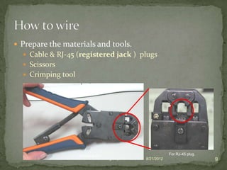  Prepare the materials and tools.
   Cable & RJ-45 (registered jack ) plugs
   Scissors
   Crimping tool




                    Crimping tool                                   For RJ-45 plug.
                          Amitava Nag Dept. Of IT AOT   8/21/2012                     9
 