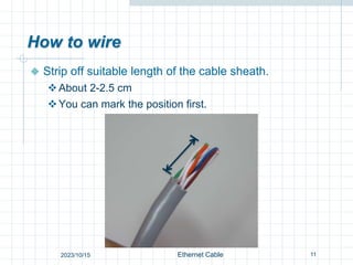 How to wire
 Strip off suitable length of the cable sheath.
About 2-2.5 cm
You can mark the position first.
11
Ethernet Cable
2023/10/15
 