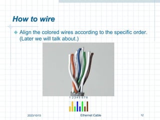 How to wire
 Align the colored wires according to the specific order.
(Later we will talk about.)
12
Ethernet Cable
2023/10/15
1 2 3 4 5 6 7 8
 