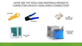 WHAT ARE THE TOOLS AND MATERIALS NEEDED IN
CONNECTING DEVICES USING WIRED CONNECTION?
CAT5e UTP Cable
(Unshielded
Twisted Pair)
RJ45
(Registered Jack)
(Pass Through)
Crimping Tool
Wire Stripper
Network Cable
Tester
CORE COMPETENCY CSS NC II BY: JUANITO B. ESPLANA JR.
 