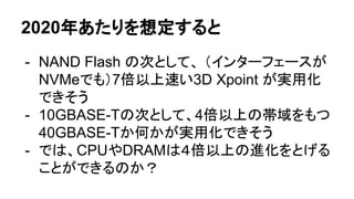 2020年あたりを想定すると
- NAND Flash の次として、 （インターフェースが
NVMeでも）7倍以上速い3D Xpoint が実用化
できそう
- 10GBASE-Tの次として、4倍以上の帯域をもつ
40GBASE-Tか何かが実用化できそう
- では、CPUやDRAMは４倍以上の進化をとげる
ことができるのか？
 