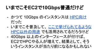 いまでこそEC2で10Gbps普通だけど
- かつて 10Gbps のインスタンスは HPC向け
だった
- いまでこそ普及して、 ここで挙げられてるような
HPC以外の用途 でも活用されてるだろうけど
- 40Gbps 以上のインターフェースが付けば、
EC2でHPCやる人が増えて、結果として、そう
いうインスタンスが当たり前になるかもしれない
 