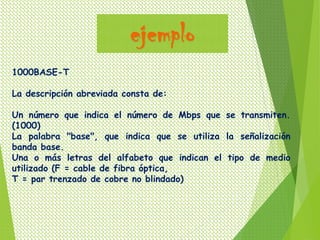 ejemplo
1000BASE-T

La descripción abreviada consta de:

Un número que indica el número de Mbps que se transmiten.
(1000)
La palabra "base", que indica que se utiliza la señalización
banda base.
Una o más letras del alfabeto que indican el tipo de medio
utilizado (F = cable de fibra óptica,
T = par trenzado de cobre no blindado)
 