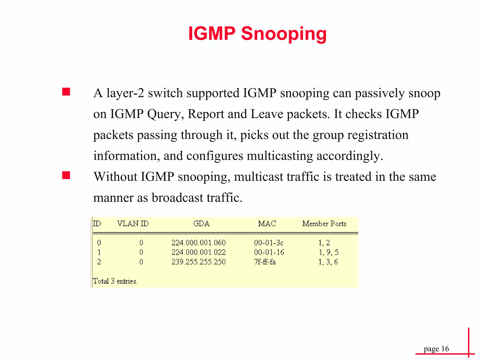 IGMP Snooping A layer-2 switch supported IGMP snooping can passively snoop on IGMP Query, Report and Leave packets. It checks IGMP packets passing through it, picks out the group registration information, and configures multicasting accordingly. Without IGMP snooping, multicast traffic is treated in the same manner as broadcast traffic. 