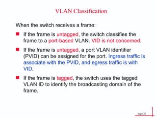 VLAN Classification When the switch receives a frame: If the frame is  untagged , the switch classifies the frame to a  port-based  VLAN.  VID is not concerned . If the frame is  untagged , a port VLAN identifier (PVID) can be assigned for the port.  Ingress traffic is associate with the PVID, and egress traffic is with VID . If the frame is  tagged , the switch uses the tagged VLAN ID to identify the broadcasting domain of the frame. 