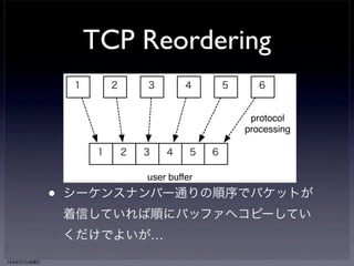 解決方法 
• パケットを複数のCPUへ分散させてから 
プロトコル処理する仕組みがあれば良い 
• 但し、TCPには順序保証が有るので並列 
に処理されるとパケットの並べ直し（リ 
オーダ）が発生してパフォーマンスが落 
ちる 
13年6月7日金曜日 
 