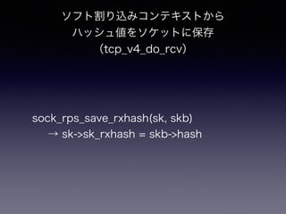 cpu0 cpu1 cpu2 cpu3 
ユーザ 
プログラム 
システム 
コール 
ソケット 
受信処理 
プロセス起床 
プロトコル処理 
ディスパッチ 
ハッシュ計算 
パケット受信 
ソフトウェア割り込み 
割り込み無効化 
user 
buffer 
socket 
queue 
ハードウェア割り込み 
パケット 
ユーザ空間へコピー 
パパケケッットト 
ユーザ 
プログラムuser 
ソケット 
受信処理 
プロトコル処理 
buffer 
socket 
queue 
backlog 
#1 
hash queue 参照0 
1 
■ 
■CPU間 
割り込み 
backlog 
#2 
backlog 
#3 
13年6月7日金曜日 
 