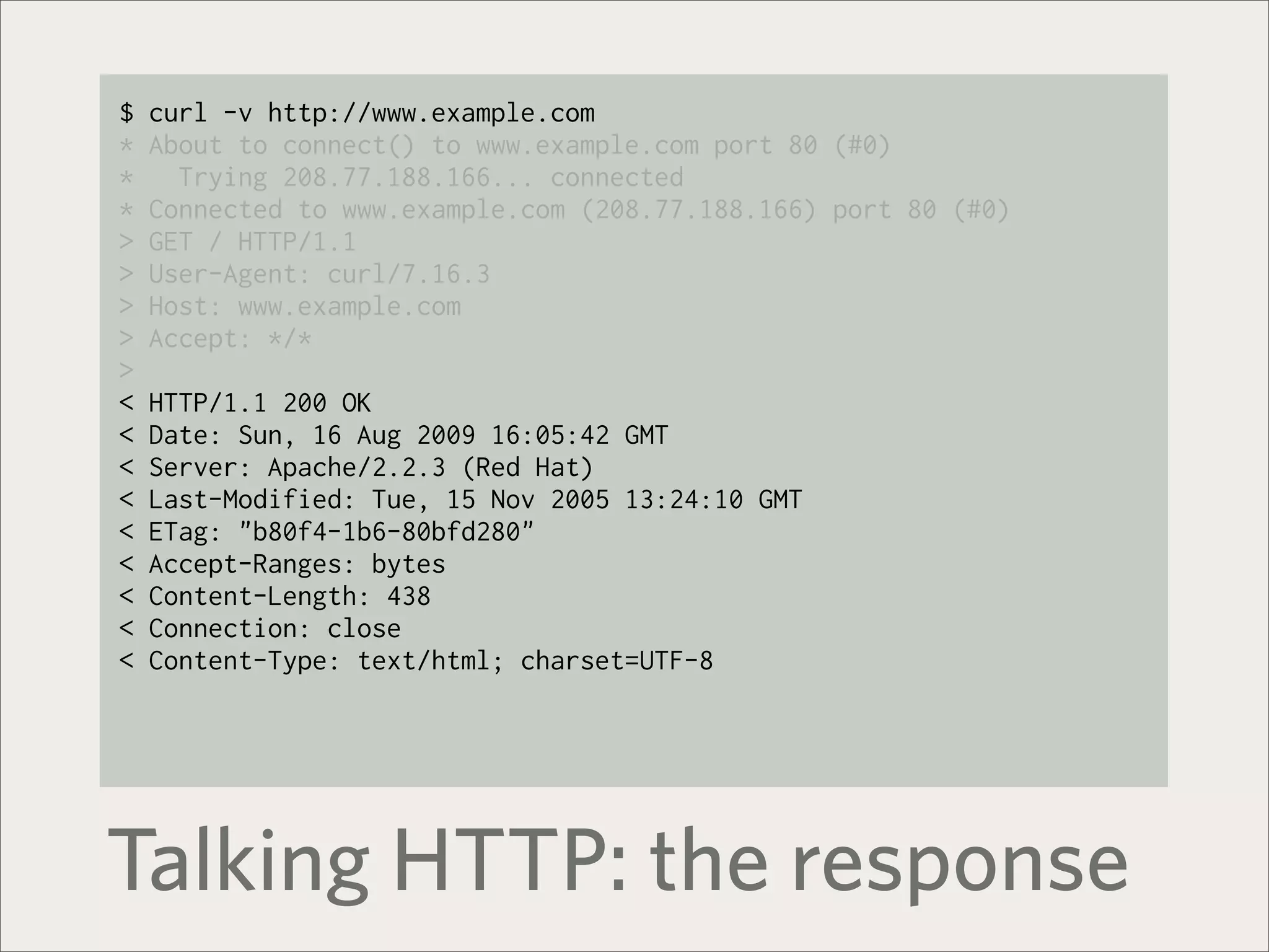 $   curl -v http://www.example.com
*   About to connect() to www.example.com port 80 (#0)
*     Trying 208.77.188.166... connected
*   Connected to www.example.com (208.77.188.166) port 80 (#0)
>   GET / HTTP/1.1
>   User-Agent: curl/7.16.3
>   Host: www.example.com
>   Accept: */*
>
<   HTTP/1.1 200 OK
<   Date: Sun, 16 Aug 2009 16:05:42 GMT
<   Server: Apache/2.2.3 (Red Hat)
<   Last-Modified: Tue, 15 Nov 2005 13:24:10 GMT
<   ETag: "b80f4-1b6-80bfd280"
<   Accept-Ranges: bytes
<   Content-Length: 438
<   Connection: close
<   Content-Type: text/html; charset=UTF-8




Talking HTTP: the response
 