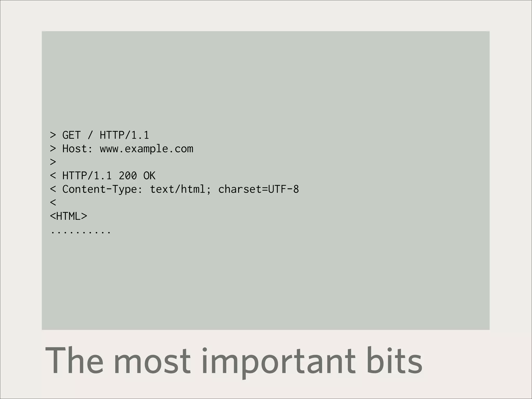 > GET / HTTP/1.1
> Host: www.example.com
>
< HTTP/1.1 200 OK
< Content-Type: text/html; charset=UTF-8
<
<HTML>
..........




The most important bits
 