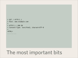 > GET / HTTP/1.1
> Host: www.example.com
>
< HTTP/1.1 200 OK
< Content-Type: text/html; charset=UTF-8
<
<HTML>
..........




The most important bits
 