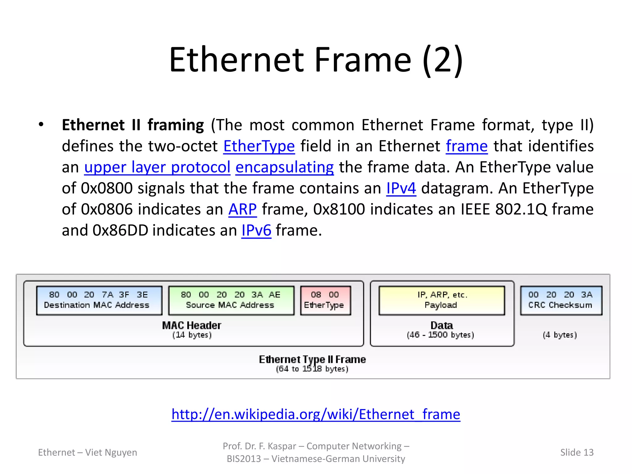 Ethernet Frame (2)
• Ethernet II framing (The most common Ethernet Frame format, type II)
defines the two-octet EtherType field in an Ethernet frame that identifies
an upper layer protocol encapsulating the frame data. An EtherType value
of 0x0800 signals that the frame contains an IPv4 datagram. An EtherType
of 0x0806 indicates an ARP frame, 0x8100 indicates an IEEE 802.1Q frame
and 0x86DD indicates an IPv6 frame.
Ethernet – Viet Nguyen
Prof. Dr. F. Kaspar – Computer Networking –
BIS2013 – Vietnamese-German University
Slide 13
http://en.wikipedia.org/wiki/Ethernet_frame
 