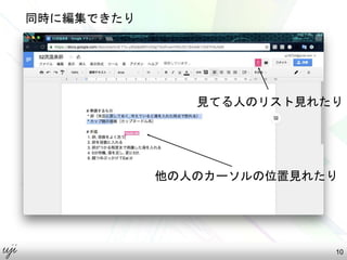 10
他の人のカーソルの位置見れたり
同時に編集できたり
見てる人のリスト見れたり
 