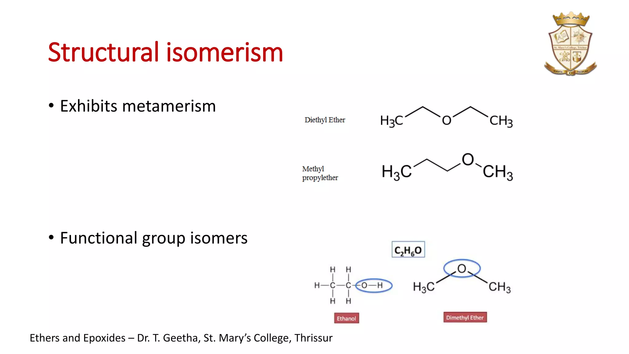 Structural isomerism
• Exhibits metamerism
• Functional group isomers
Ethers and Epoxides – Dr. T. Geetha, St. Mary’s College, Thrissur
 
