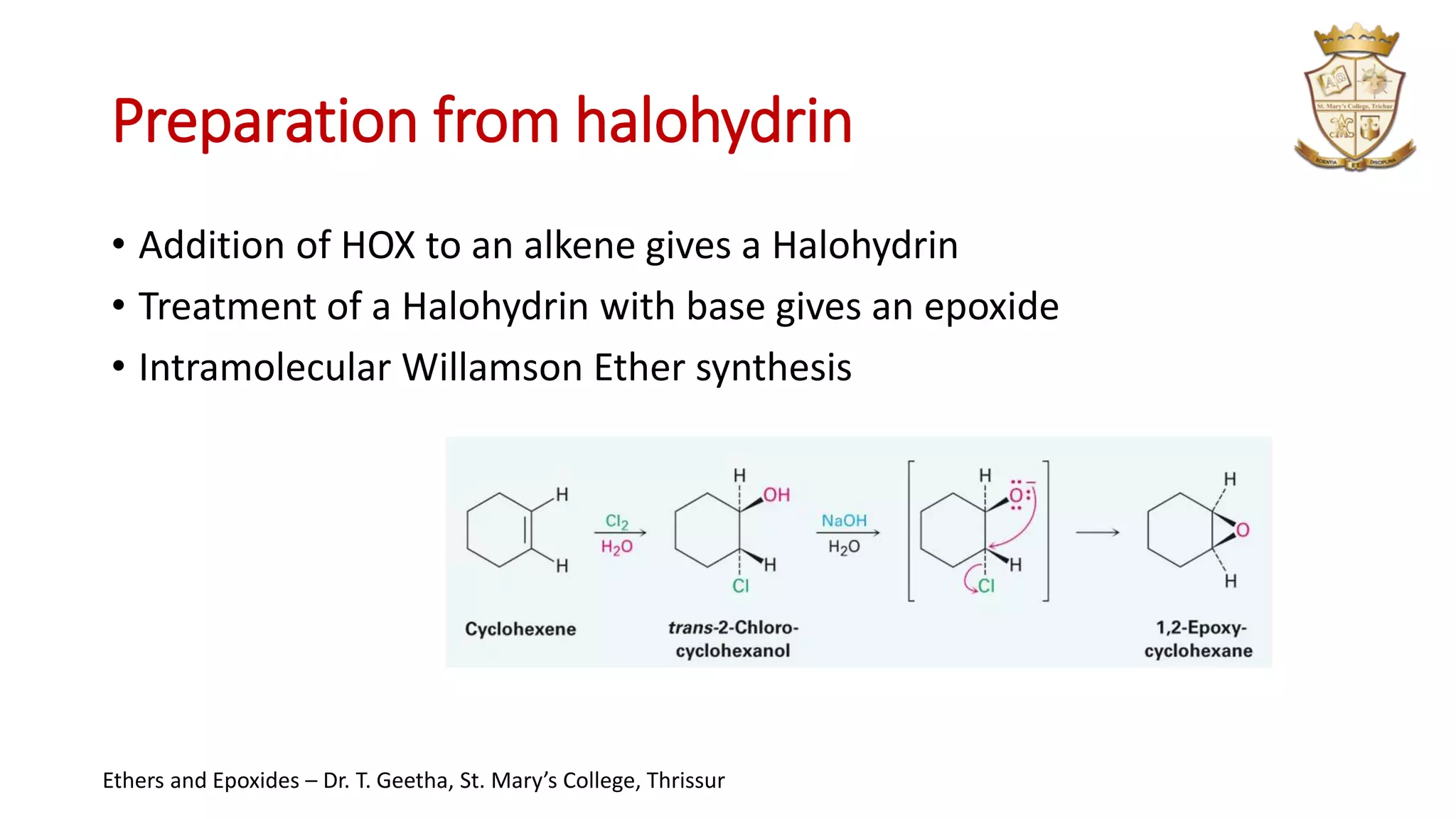 Preparation from halohydrin
• Addition of HOX to an alkene gives a Halohydrin
• Treatment of a Halohydrin with base gives an epoxide
• Intramolecular Willamson Ether synthesis
Ethers and Epoxides – Dr. T. Geetha, St. Mary’s College, Thrissur
 