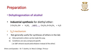 Preparation
• Dehydrogenation of alcohol
• Industrial synthesis for diethyl ether:
2 CH3CH2-OH + H2SO4 140oC CH3CH2-O-CH2CH3 + H2O
• SN2 mechanism
• Not generally useful for syntheses of ethers in the lab:
a) Only symmetric ethers can be made this way.
b) Conditions are very compound specific
( at 180o ethanol would yield ethylene instead of the ether)
Ethers and Epoxides – Dr. T. Geetha, St. Mary’s College, Thrissur
 